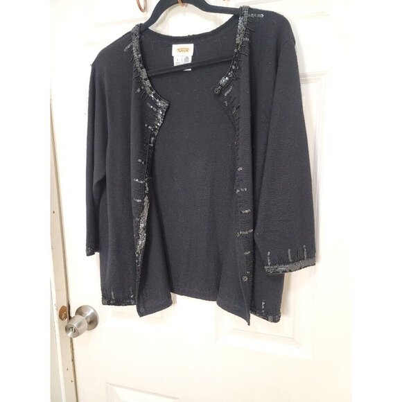 Talbots Black Sequined Cardigan Sweater Size XL 100% Pure New Wool - Picture 4 of 14